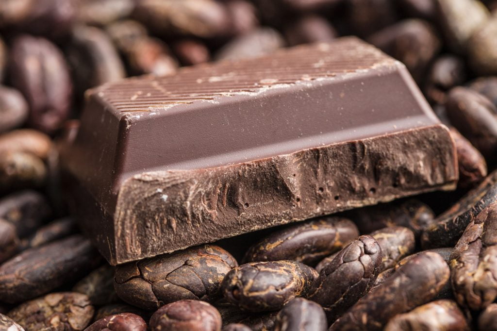Dark chocolate and cocoa beans.